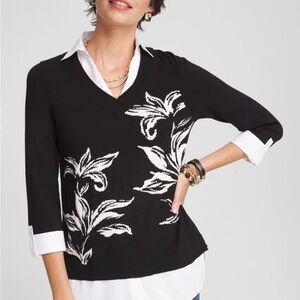 Chico's Black V-Neck Sweater with White Floral Intarsia